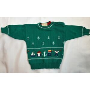 Laura Ashley Vintage Baby Sweater Nautical Knit Green Made in Scotland